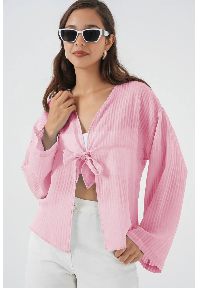 Bluza dama HiCCUP - decolteu in V - textil - Roz pudrat