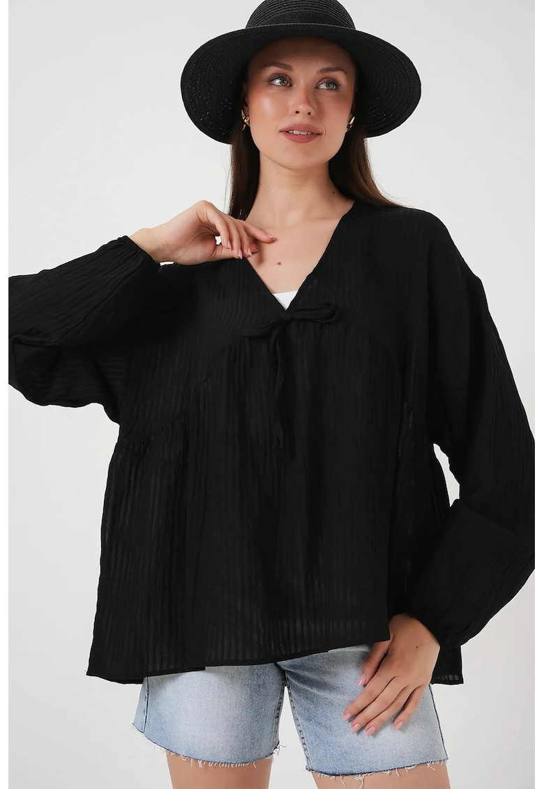 Bluza dama - HiCCUP - BDART - volane - decolteu in V - negru - textil