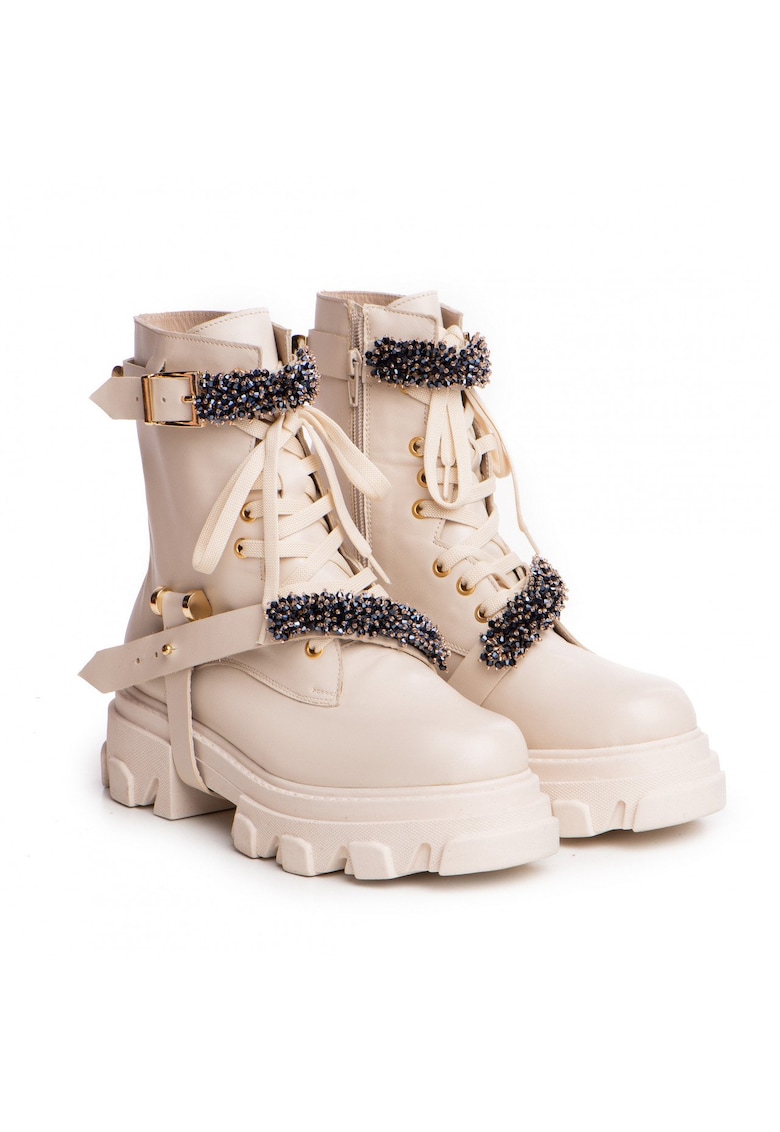 Bocanci din piele cu garnituri decorative - incrustrate cu strasuri Nadia