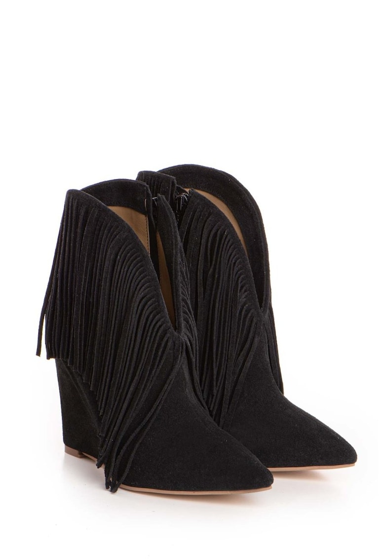 Cizme tip ciocate Nemesis piele intoarsa negru cu franjuri