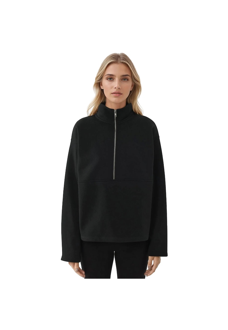 Hanorac cu fermoar cu maneca lunga - croiala lejera - negru - textil