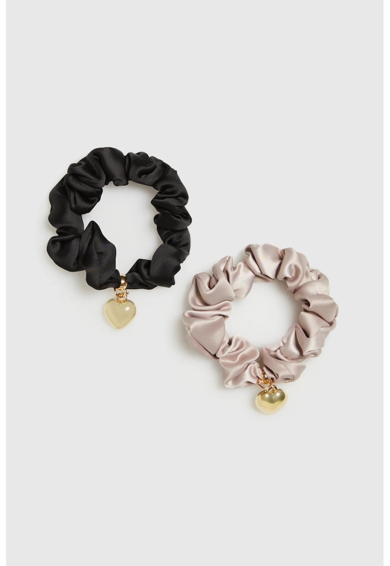 Set de doua elasticuri pentru par cu pandantiv inima - negru si roz - ONE SIZE