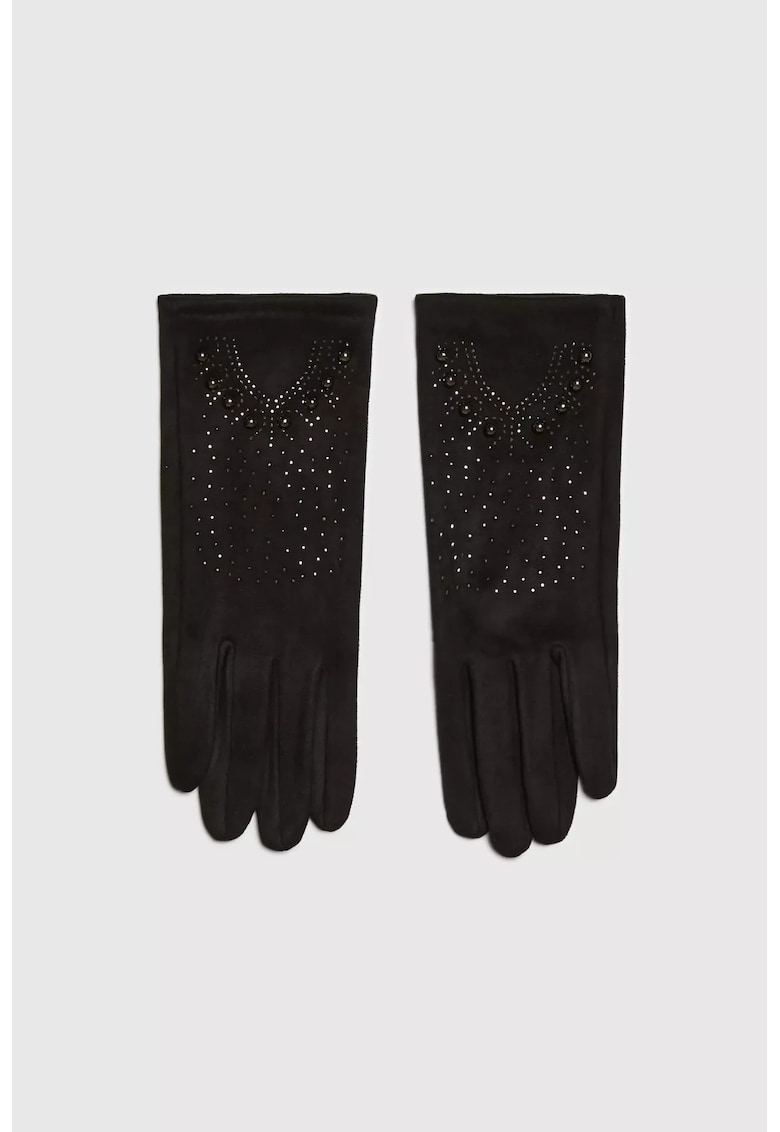 Manusi femei negru - unisex - cu captuseala din blana - detalii cu zirconii