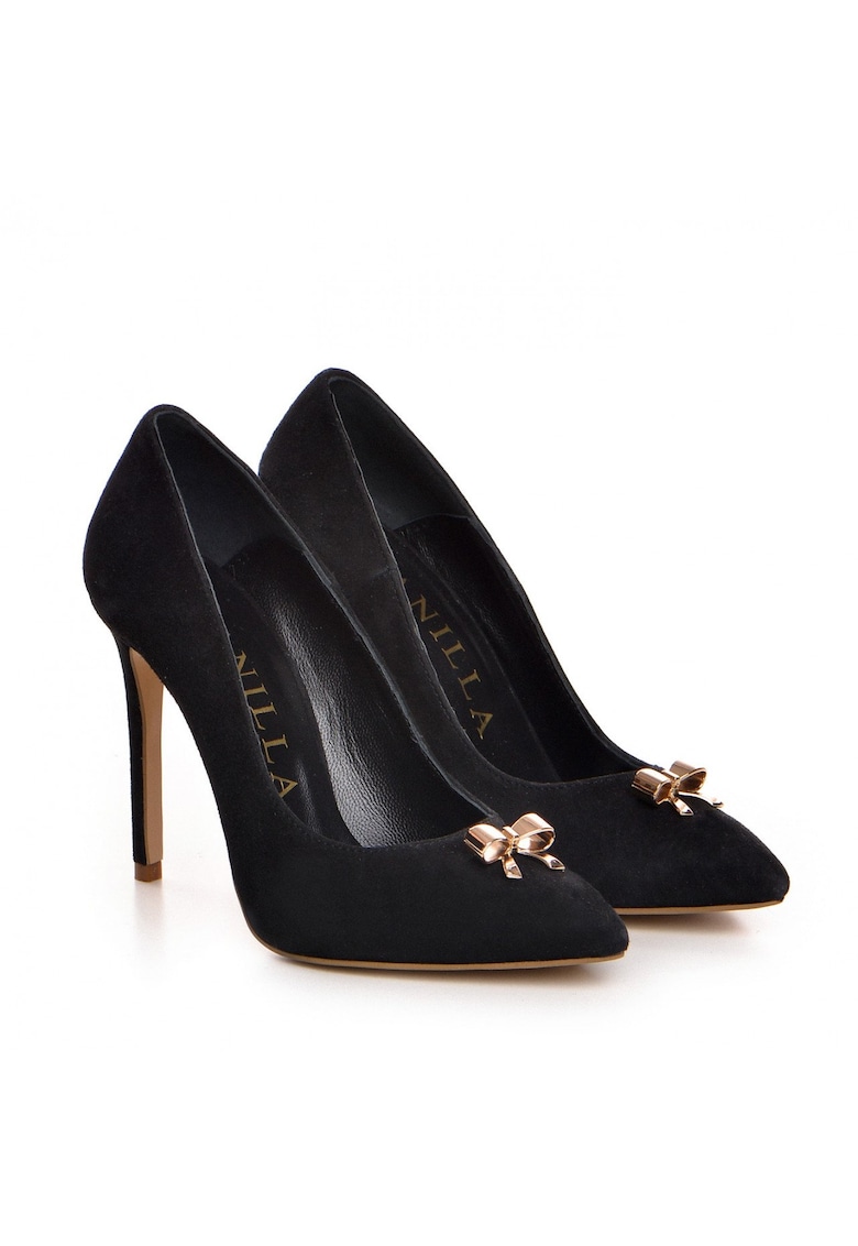 Pantofi Stiletto cu toc subtire piele intoarsa cu accesorii aurii