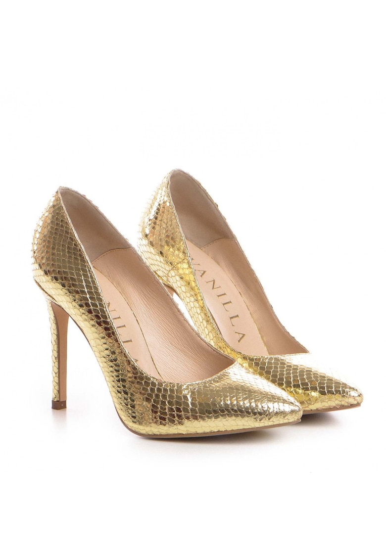 Pantofi Stiletto cu toc Corina imprimeu sarpe - aurii