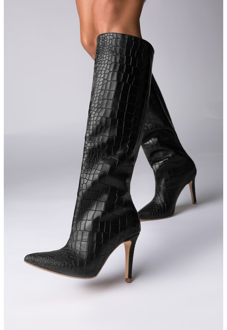 Cizme din piele cu toc si textura tip crocodil Midnight Charm