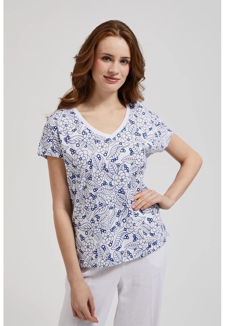 Bluza albă cu model floral și decolteu în V - Alb