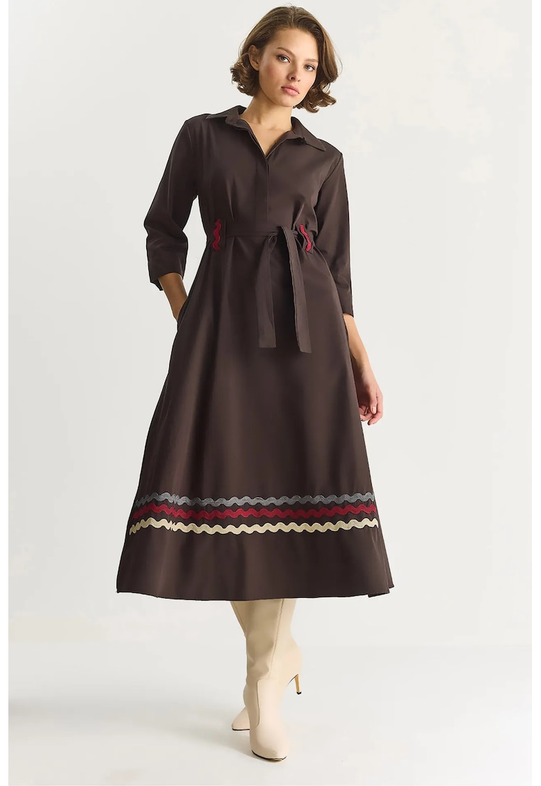 Rochie midi - brodata - maro mocha inchis - textil