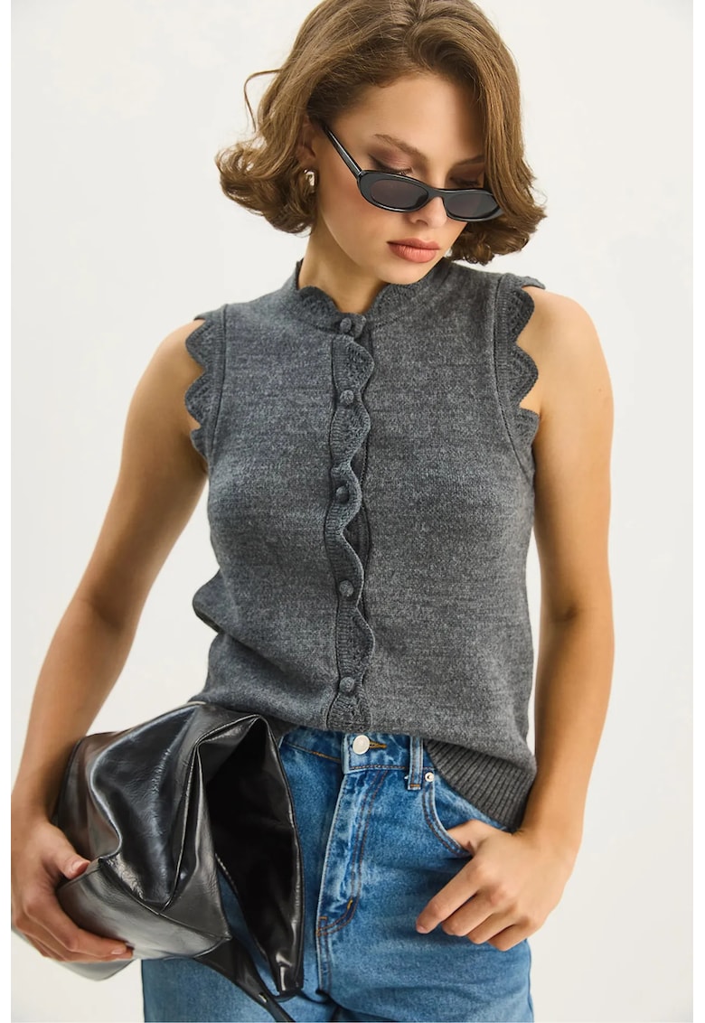 Bluza tip vesta - guler rotund - volane - gri carbune - tricot -