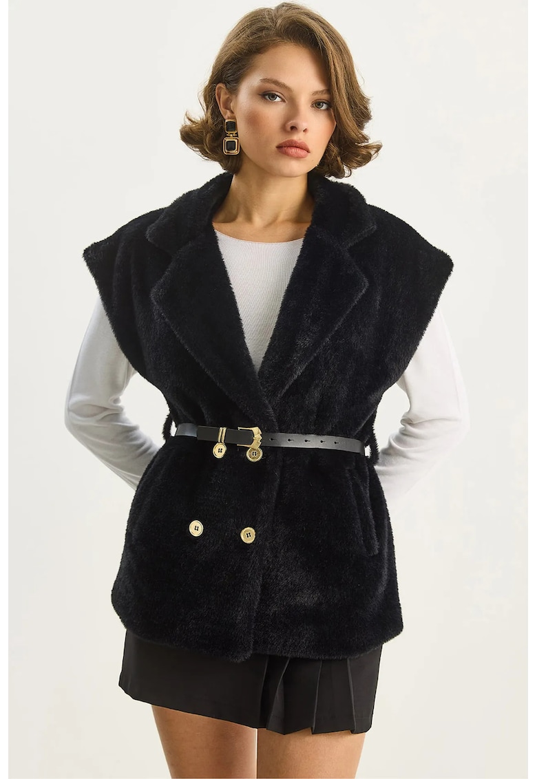 Vesta tricotata plusata neagra - jerseu - cu guler de camasa