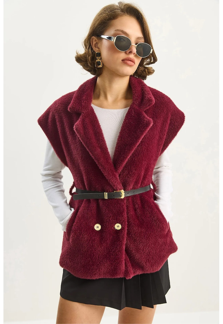 Vesta tricotata rosie - plusata - cu talie ajustata - guler de camasa - material jerseu