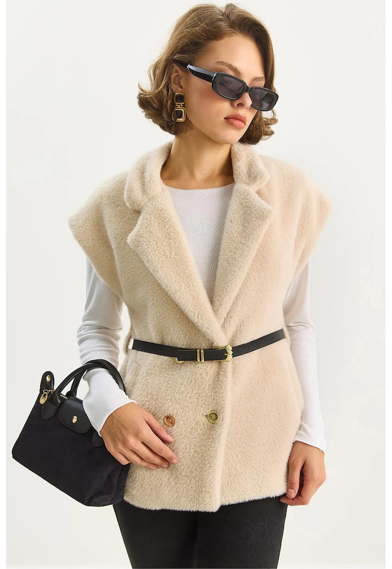 Vesta tricotata plusata guler tip camasa - bej natural - jerseu