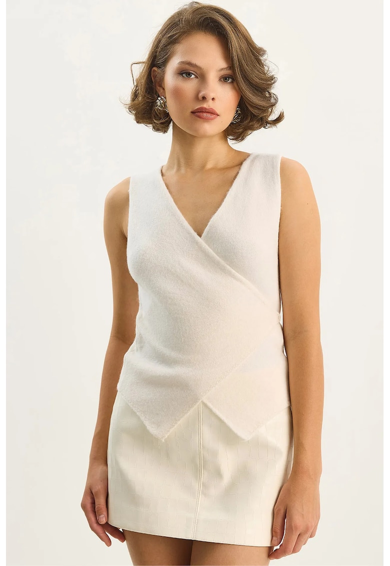 Bluza Slim Fit cu guler in V si inchidere cu siret - crem natural - tricot -