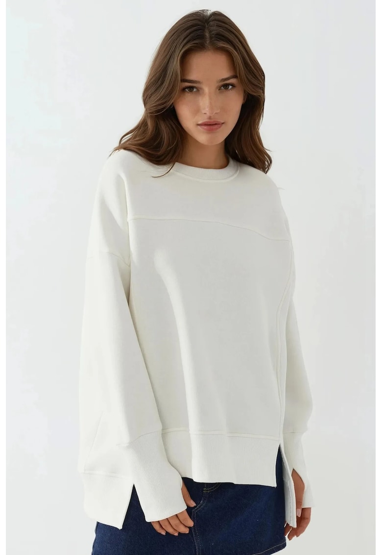 Hanorac fara gluga supradimensionat - guler rotund - textil - alb