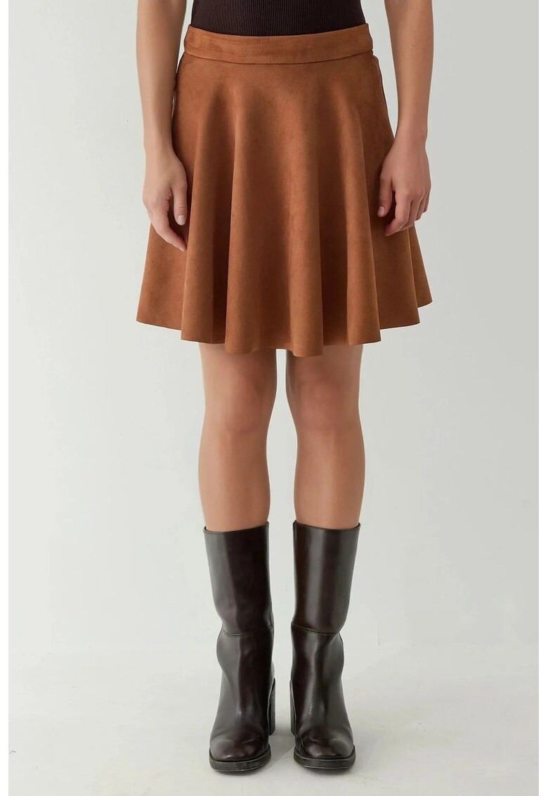 Fusta mini - din piele intoarsa ecologica - talie inalta - culoare maro/camel - textil