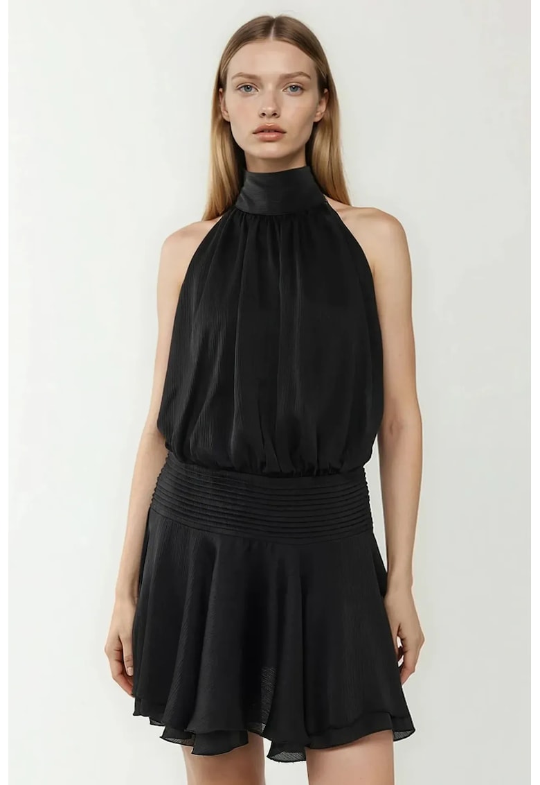 Rochie mini - texturata cu guler inalt - neagra - textil