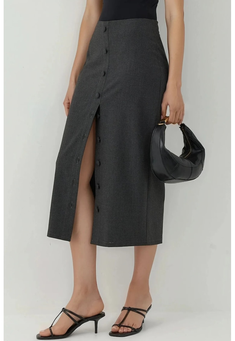 Fusta lunga tip creion - talie inalta - inchidere cu nasturi - gri - textil