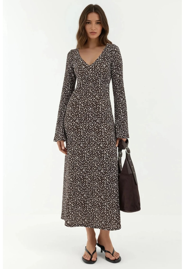 Rochie Maxi - Mulata cu Decolteu in V - Imprimeu Floral - Maro