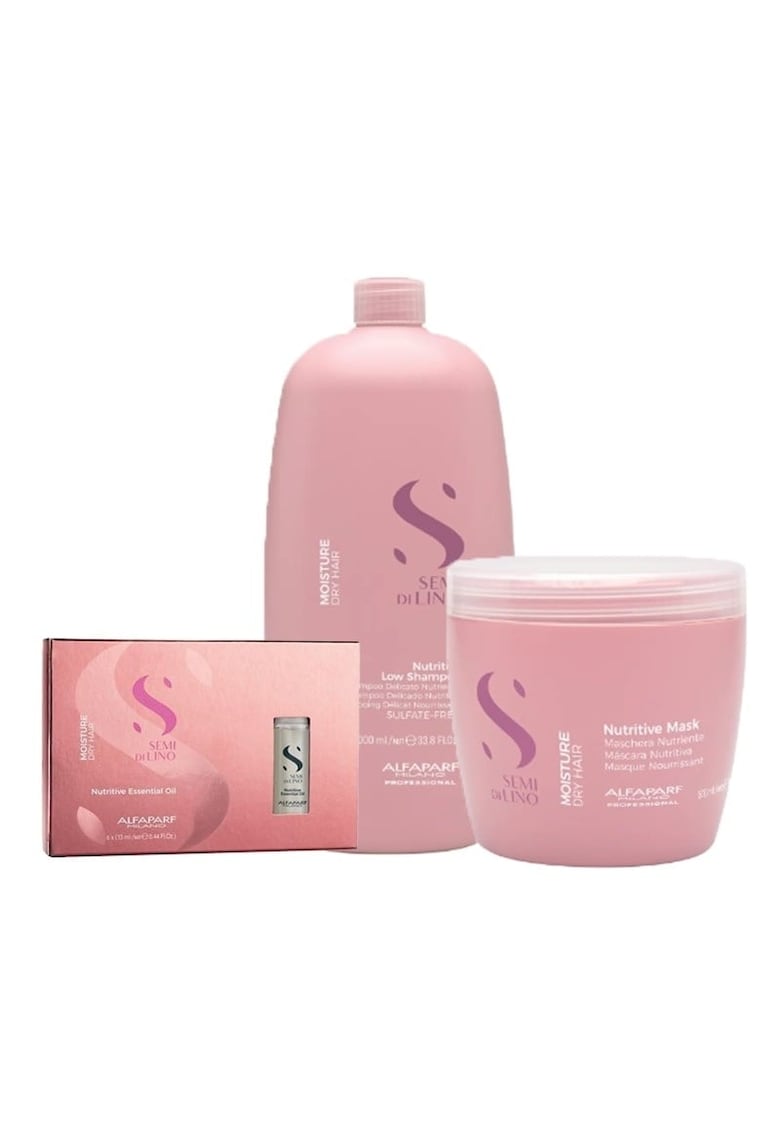 Set Alfaparf Semi Di Lino Moisture Nutritive Sampon - 1000 ml + Masca - 500 ml + Ulei Nutritive Essential Oil - 6 fiole x 13 ml