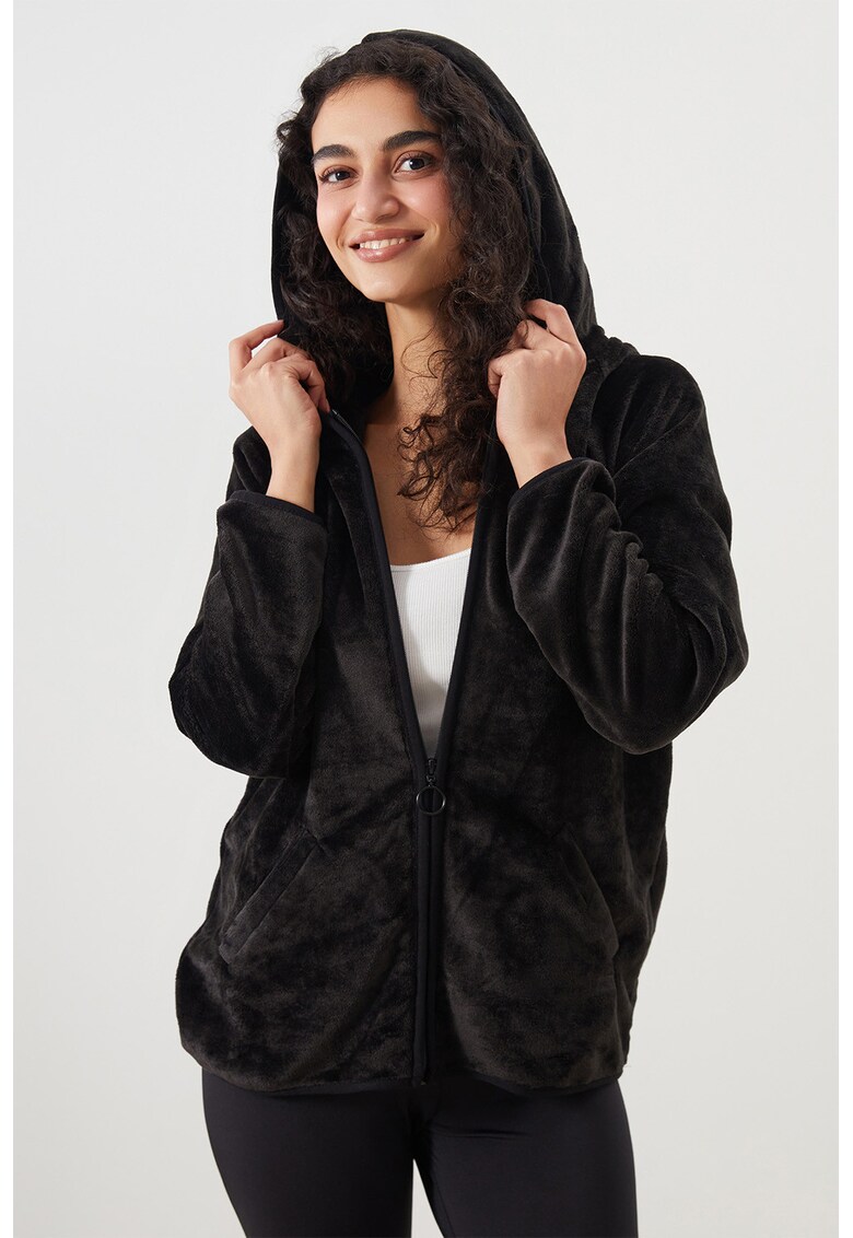 Pijama cu aspect de catifea si gluga - Negru stins