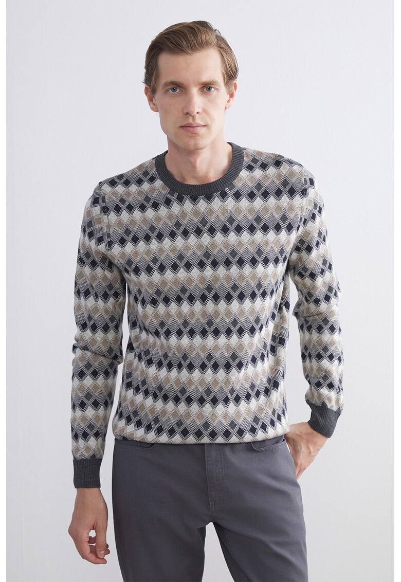 Pulover cu model si decolteu la baza gatului - Gri melange/Alb murdar