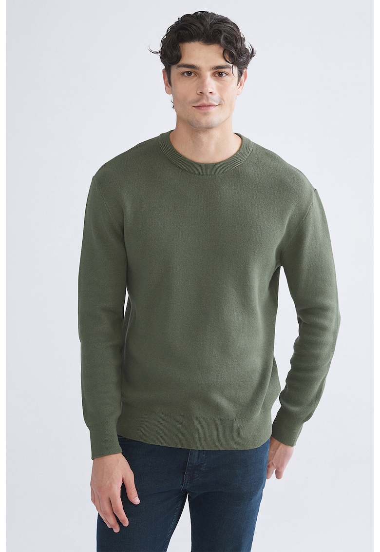 Pulover de bumbac cu decolteu la baza gatului - Verde sparanghel