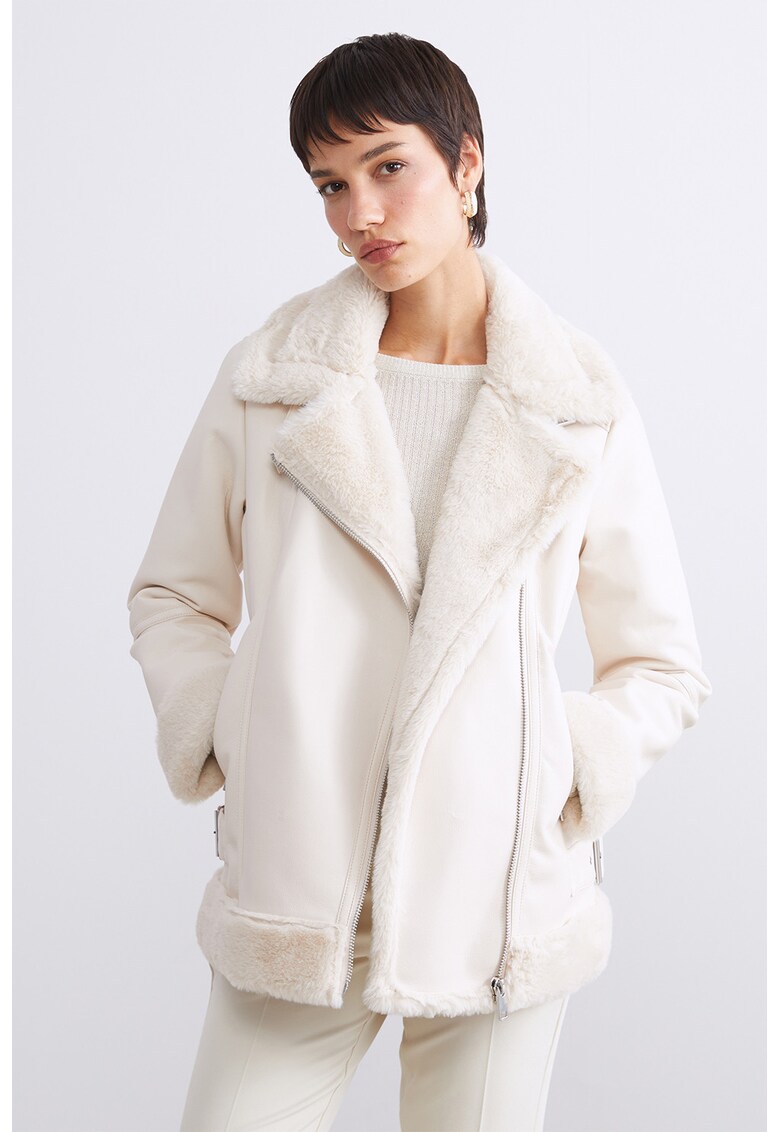 Jacheta din piele ecologica cu blana sintetica - Alb fildes