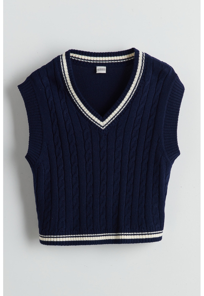 Vesta din tricot cu decolteu in V - Alb/Bleumarin