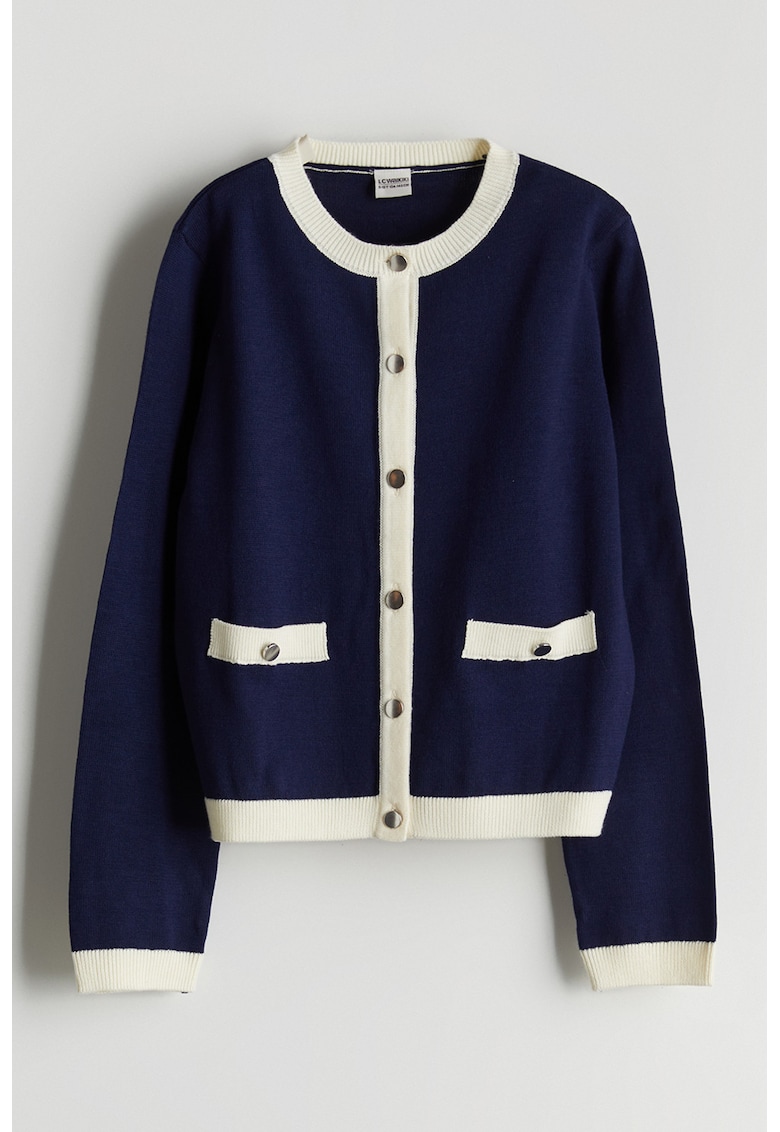 Cardigan cu nasturi si detalii contrastante - Alb/Bleumarin