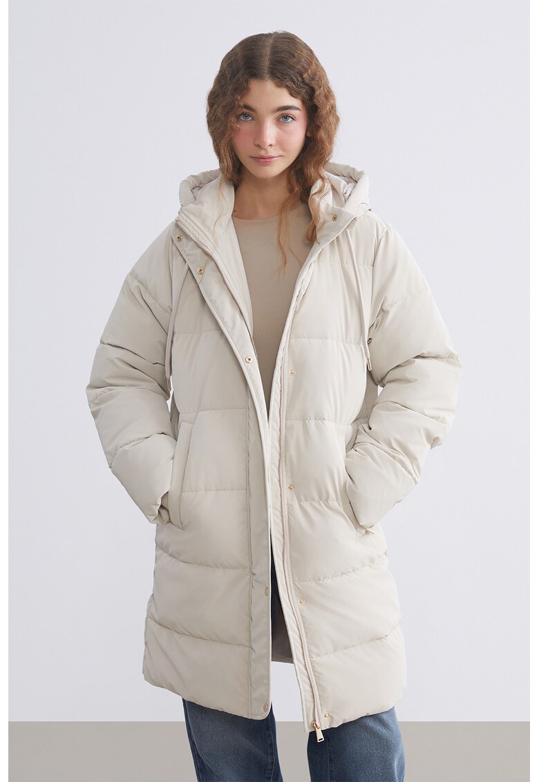 Geaca lunga cu buzunare cu fermoar - Alb murdar