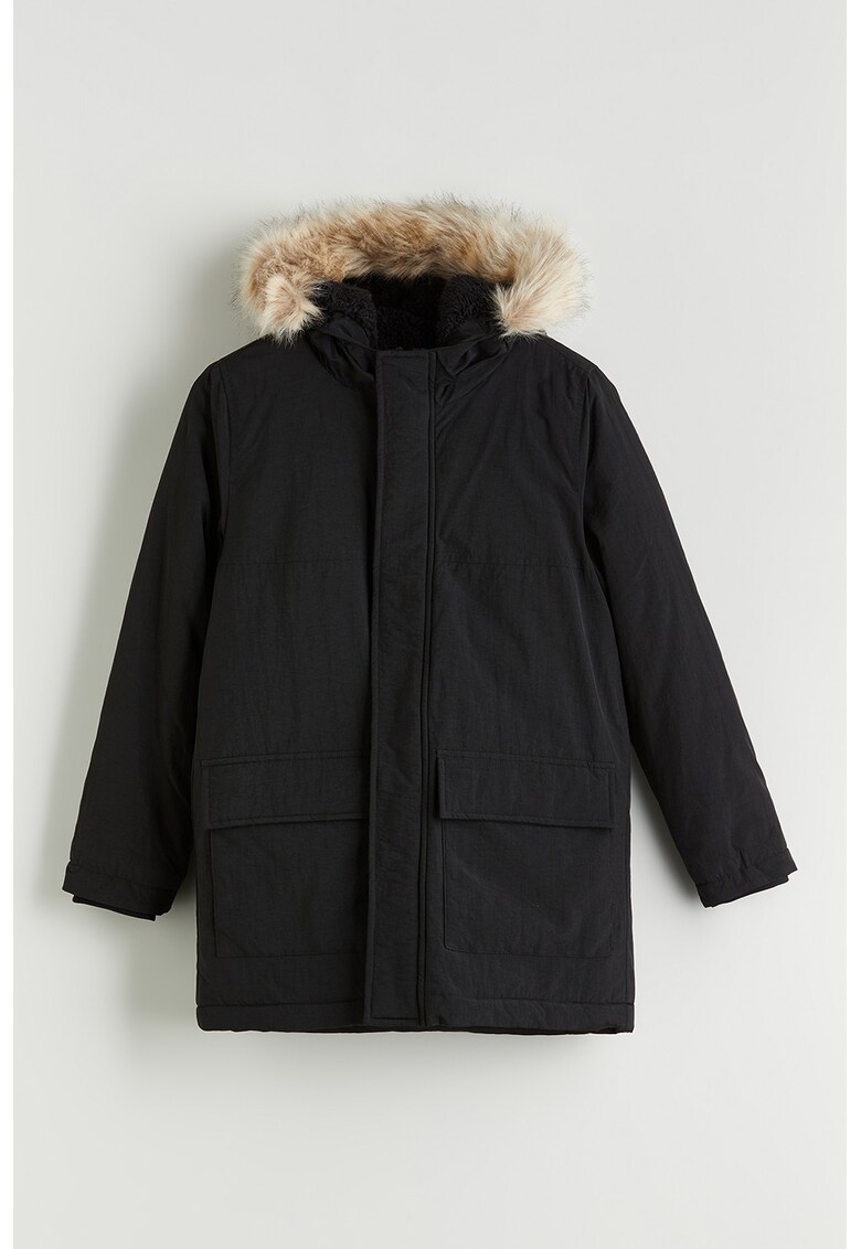 Geaca cu garnitura cu blana sintetica - Negru