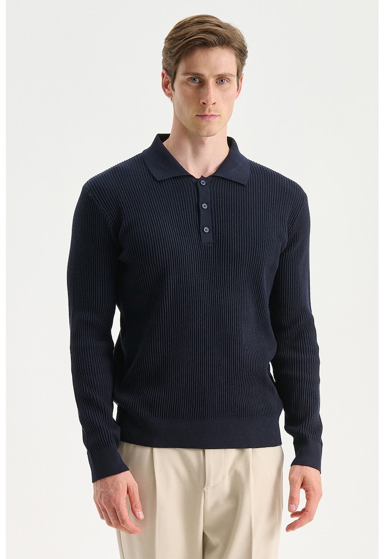 Pulover polo cu aspect striat - Bleumarin