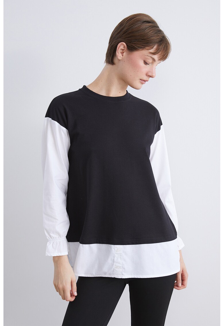 Bluza de trening cu maneci cazute si decolteu la baza gatului - Alb/Negru