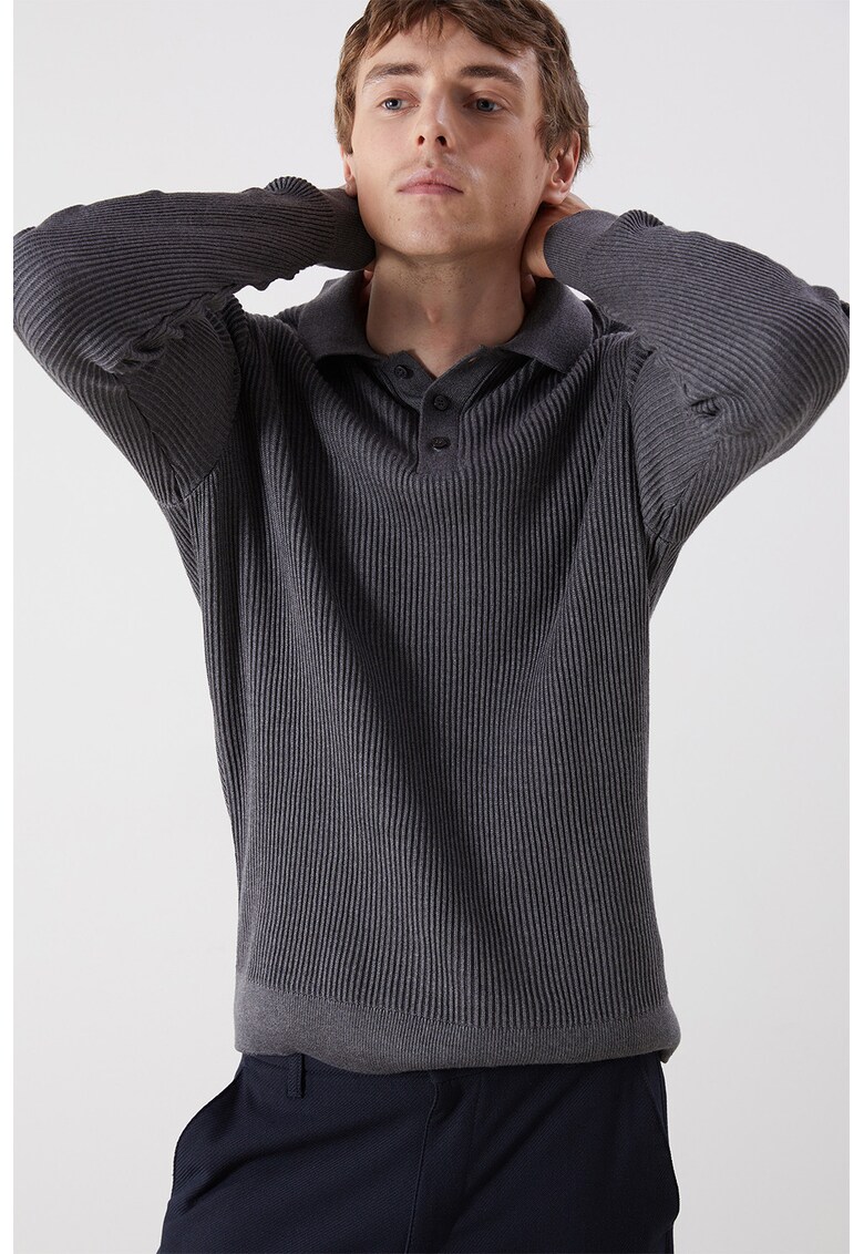 Pulover polo din amestec de bumbac - Gri inchis