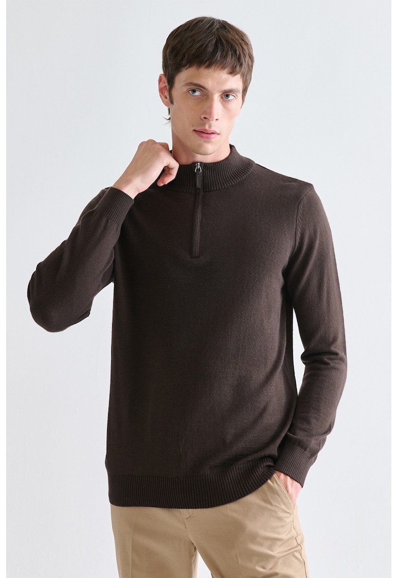 Pulover uni cu fenta cu fermoar - Maro inchis