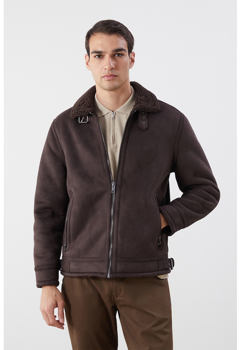 Palton de piele intoarsa ecologica cu buzunare cu fermoar - Maro inchis