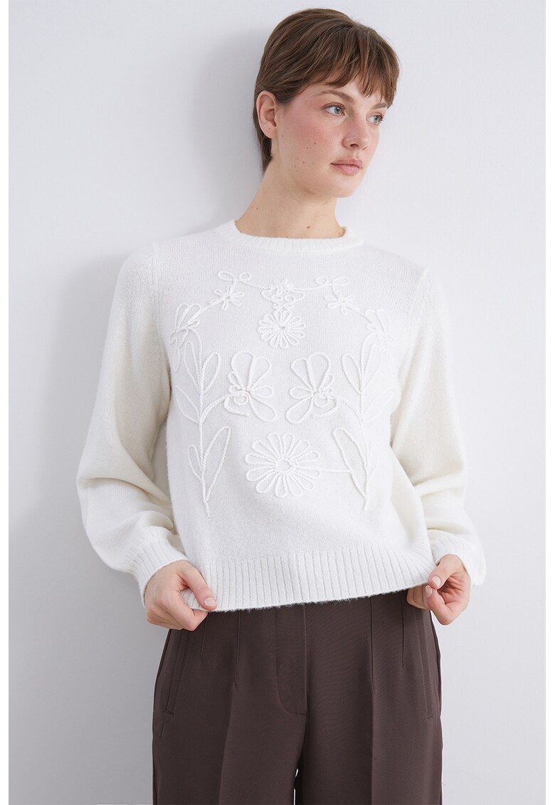 Pulover texturat cu decolteu la baza gatului - Alb