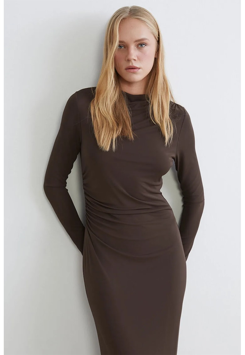 Rochie midi cu croiala cambrata si decolteu la baza gatului - Alb/Violet