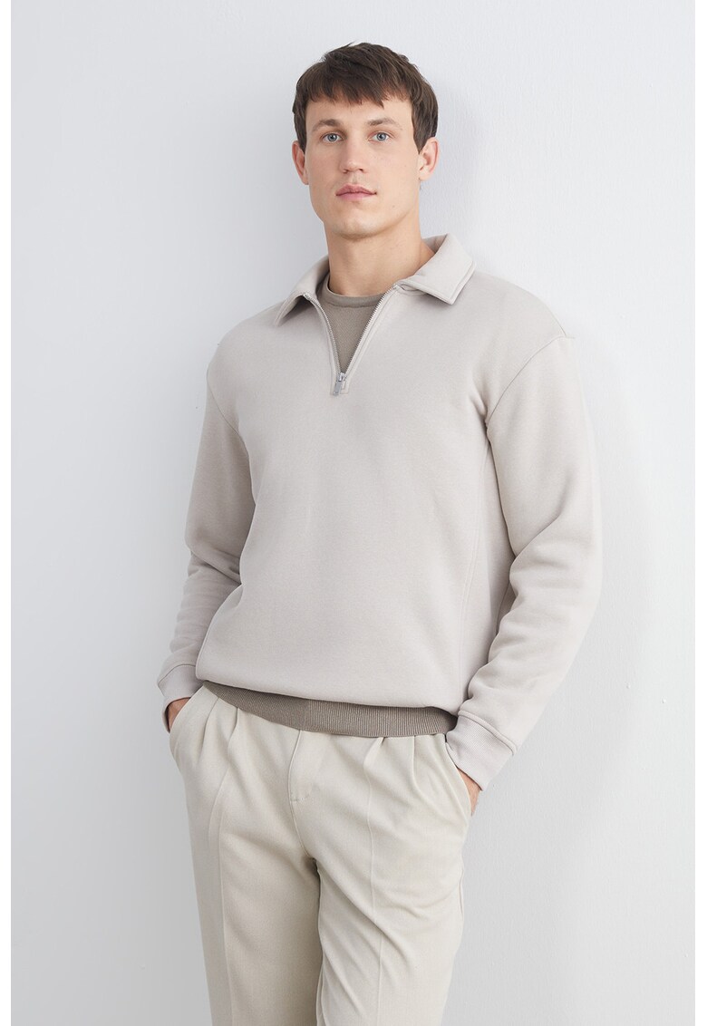 Bluza de trening polo cu fenta scurta cu fermoar - Grej