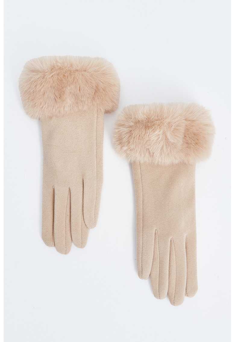 Manusi uni cu garnitura de blana sintetica - Maro taupe deschis