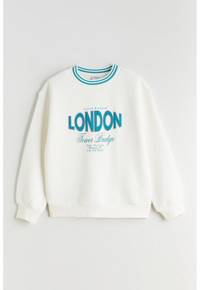 Bluza de trening din amestec de bumbac cu imprimeu text - Alb/Turcoaz
