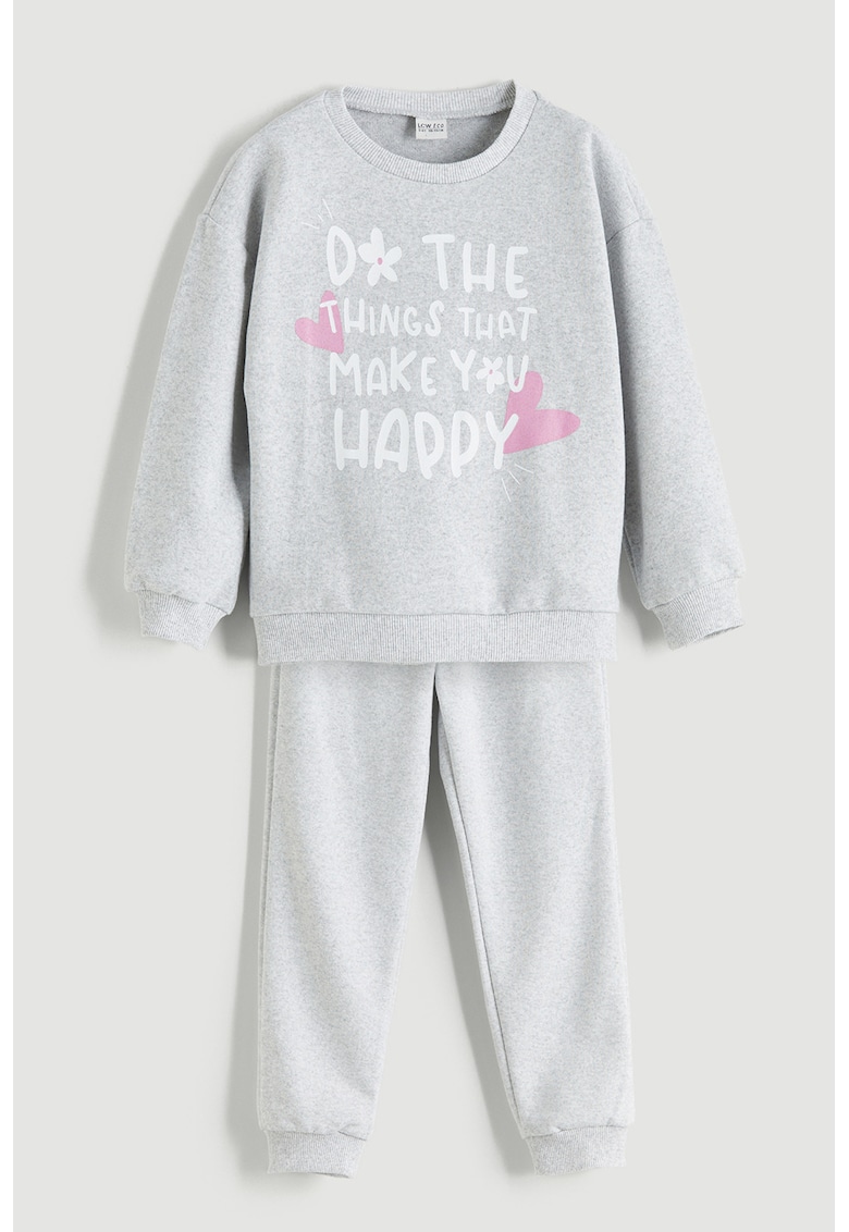 Pijama din amestec de bumbac cu imprimeu text - Alb/Gri deschis melange/Roz