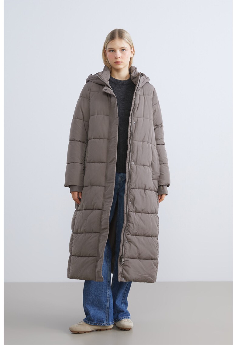 Geaca lunga matlasata cu gluga - Grej