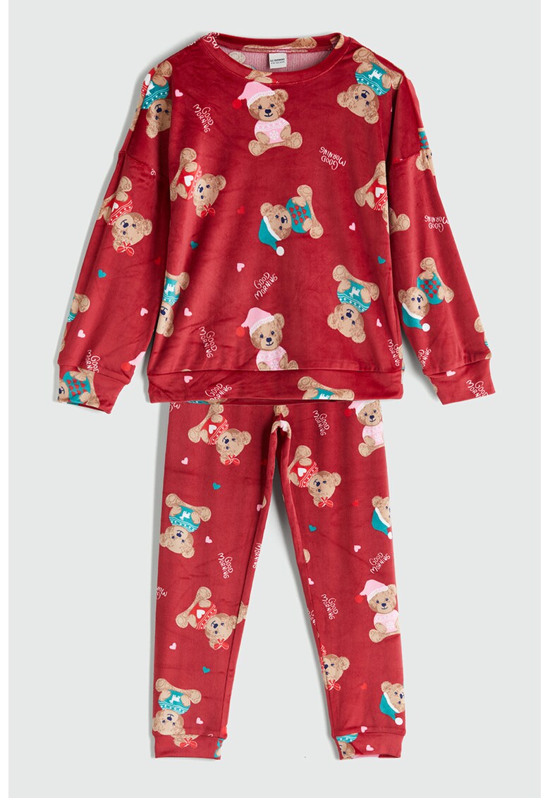 Pijama cu aspect de catifea si model - Maro/Rosu inchis/Roz