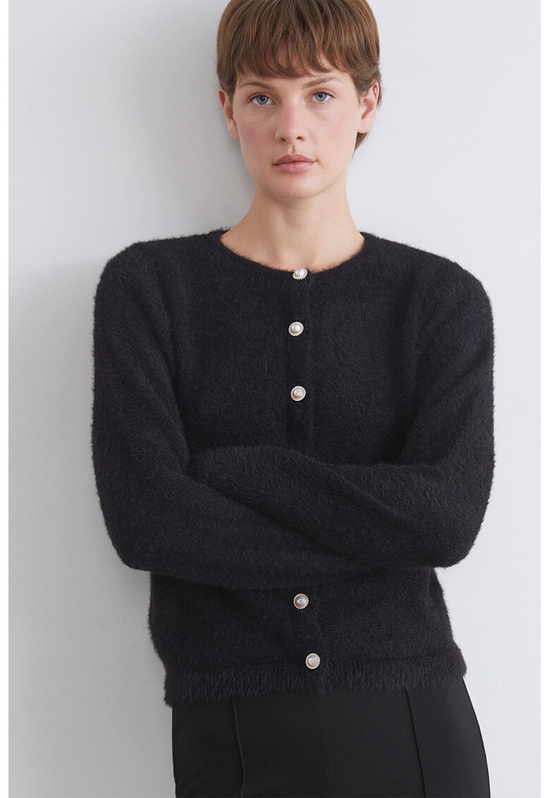 Cardigan pufos cu nasturi tip bijuterie - Negru