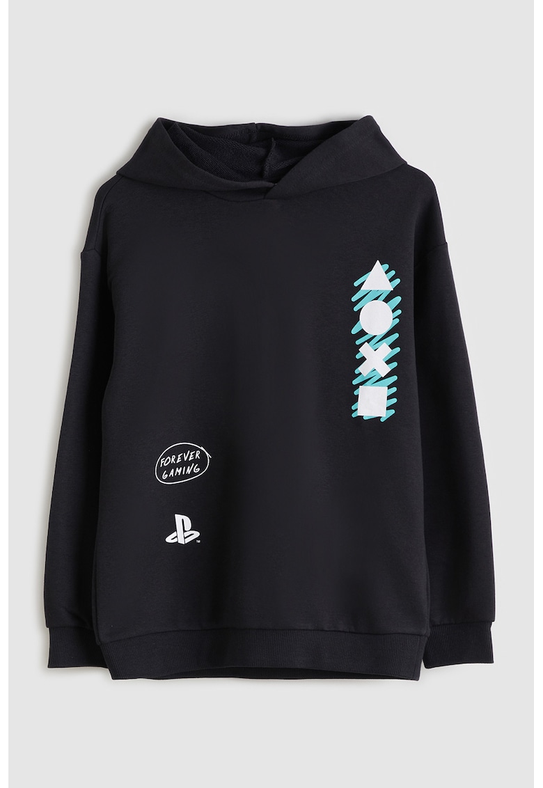 Hanorac cu imprimeu text pe partea din spate - Alb/Negru/Turcoaz