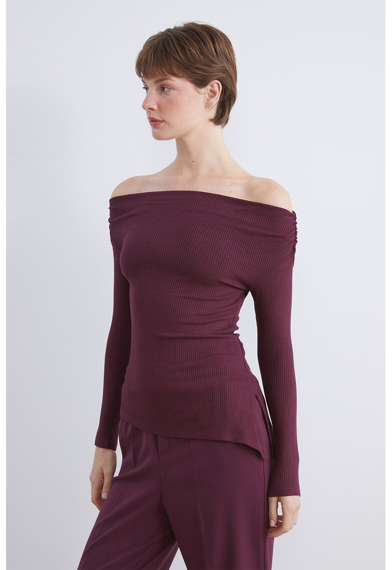 Bluza cu striatii si decolteu pe umeri - Violet tyrian