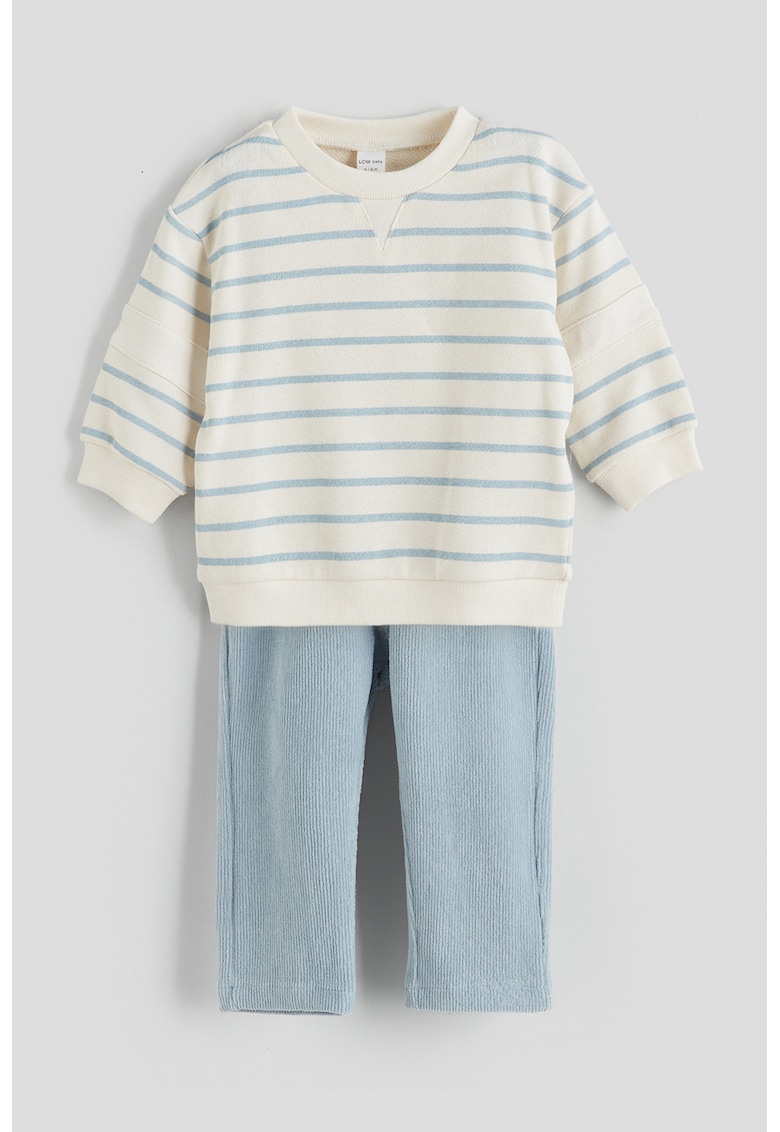 Set de bluza sport in dungi si pantaloni striati - 2 piese - Alb murdar/Albastru deschis