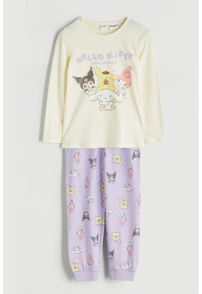 Pijama din bumbac cu imprimeu Hello Kitty - Galben pai/Lila/Roz