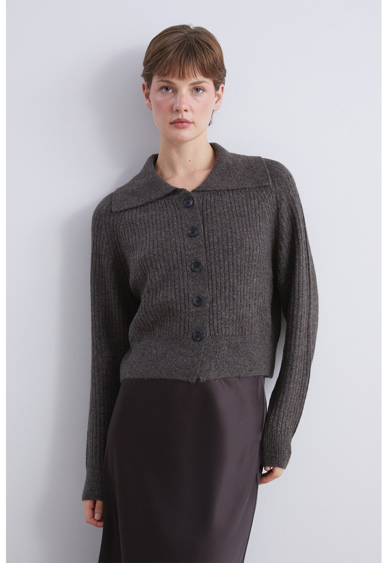 Cardigan tricotat cu guler clasic - Gri inchis